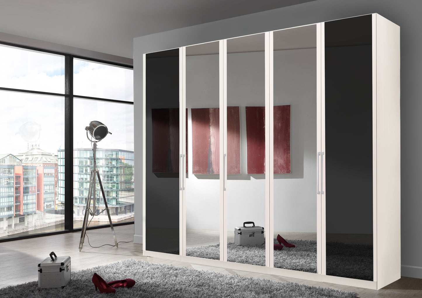 Bermuda Hinged 5 Door Wardrobe Glass Graphite 250cm