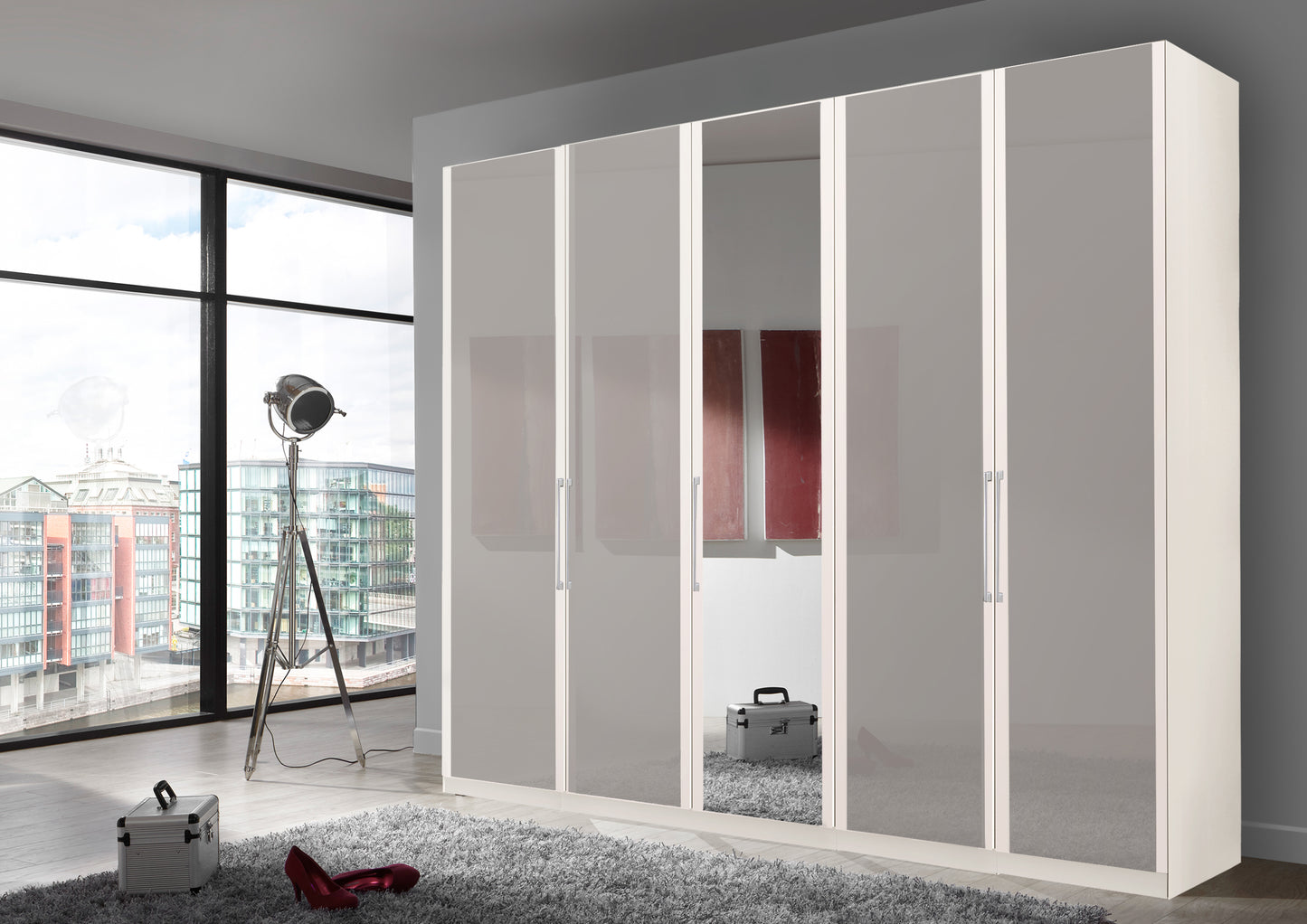 Bermuda Hinged 5 Door Wardrobe Glass Pebble Grey 250cm