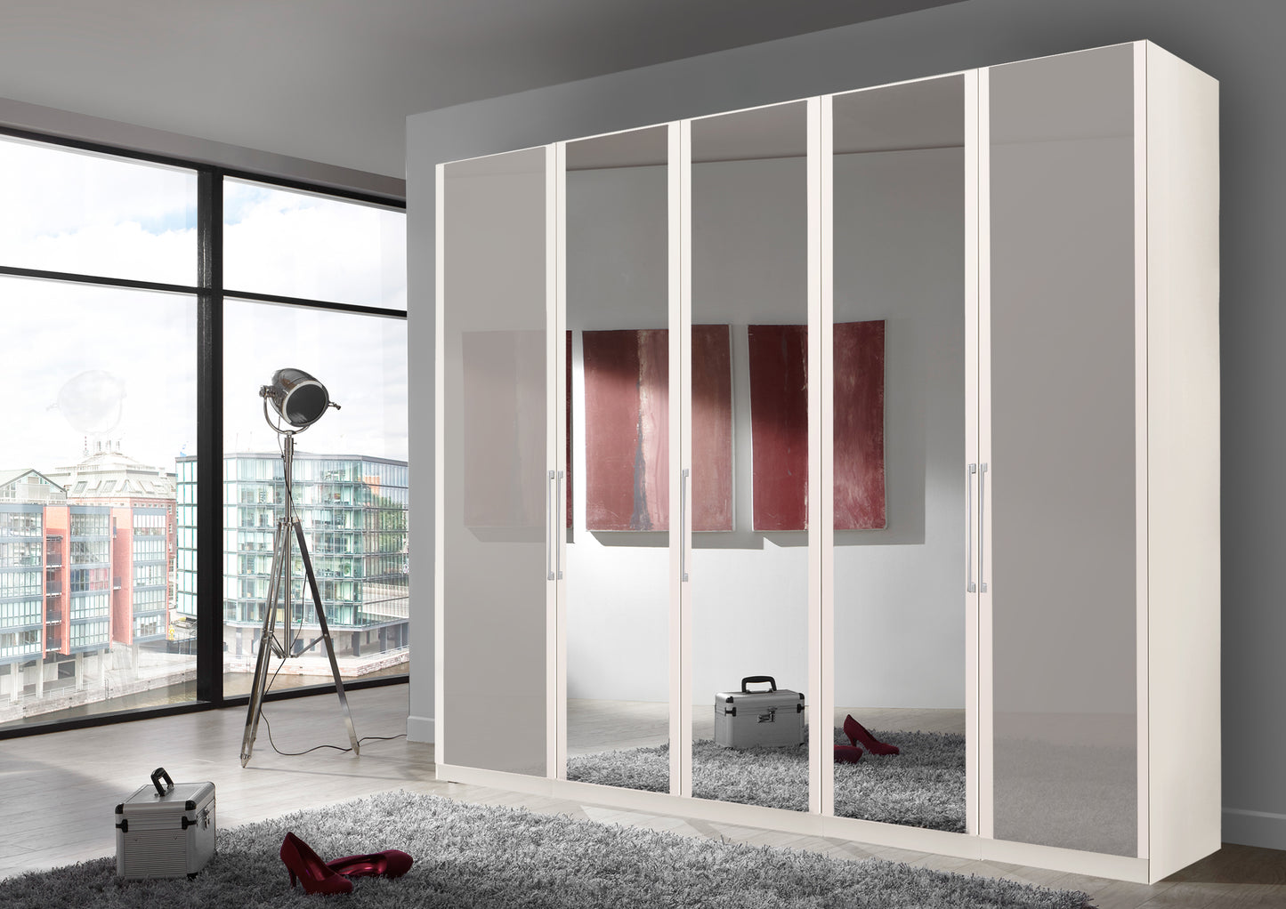 Bermuda Hinged 5 Door Wardrobe Glass Pebble Grey 250cm