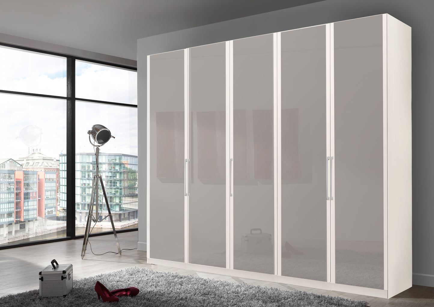 Bermuda Hinged 5 Door Wardrobe Glass Pebble Grey 250cm