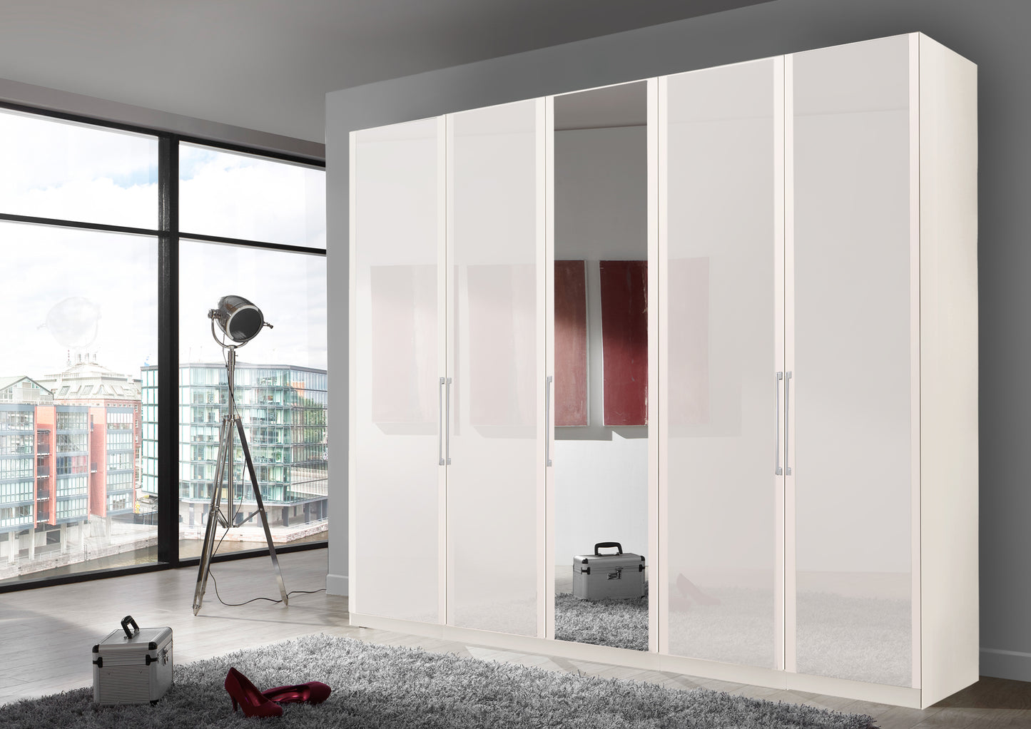 Bermuda Hinged 5 Door Wardrobe Glass White 250cm