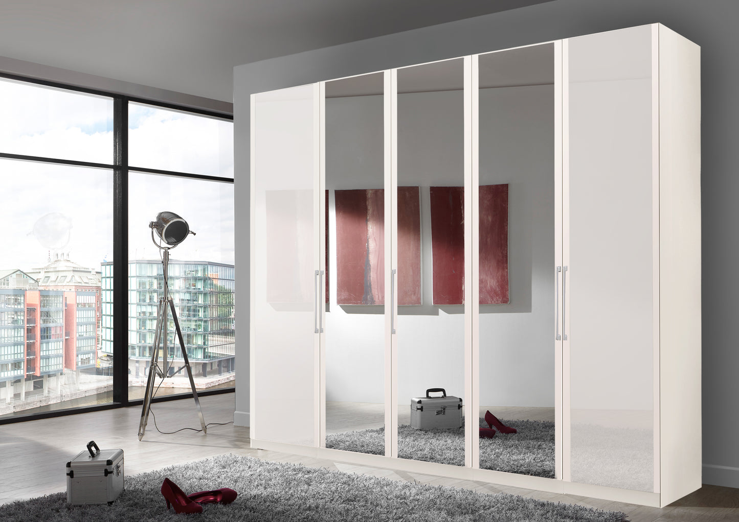 Bermuda Hinged 5 Door Wardrobe Glass White 250cm