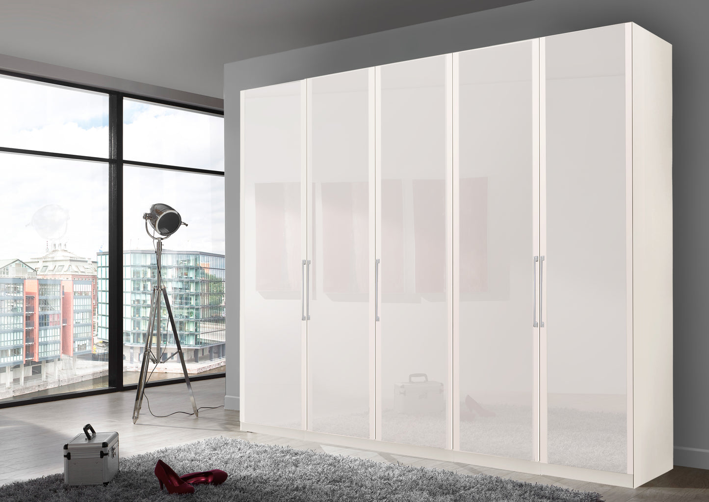 Bermuda Hinged 5 Door Wardrobe Glass White 250cm