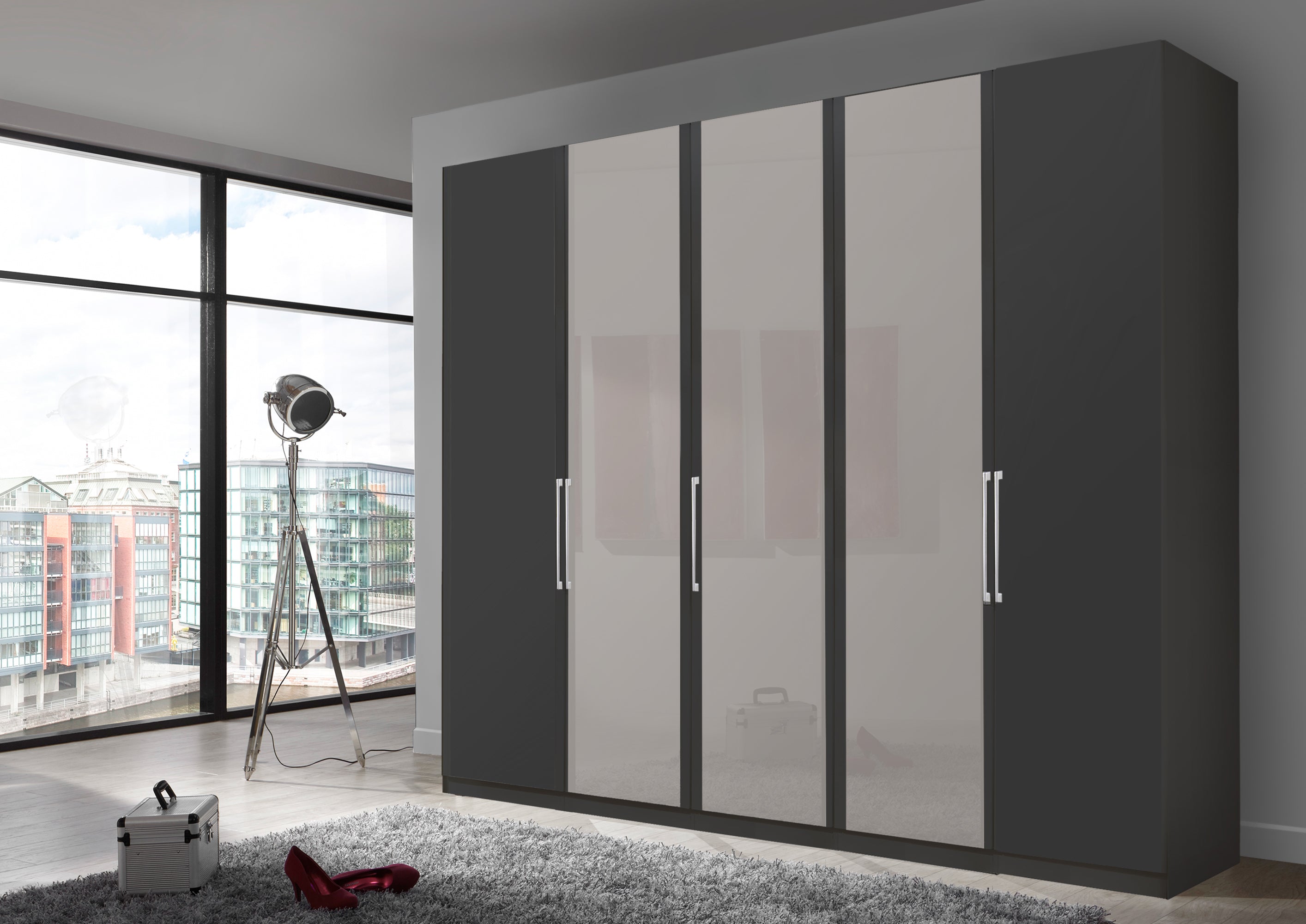 Bermuda Hinged 5 Door Wardrobe Matte Graphite 250cm
