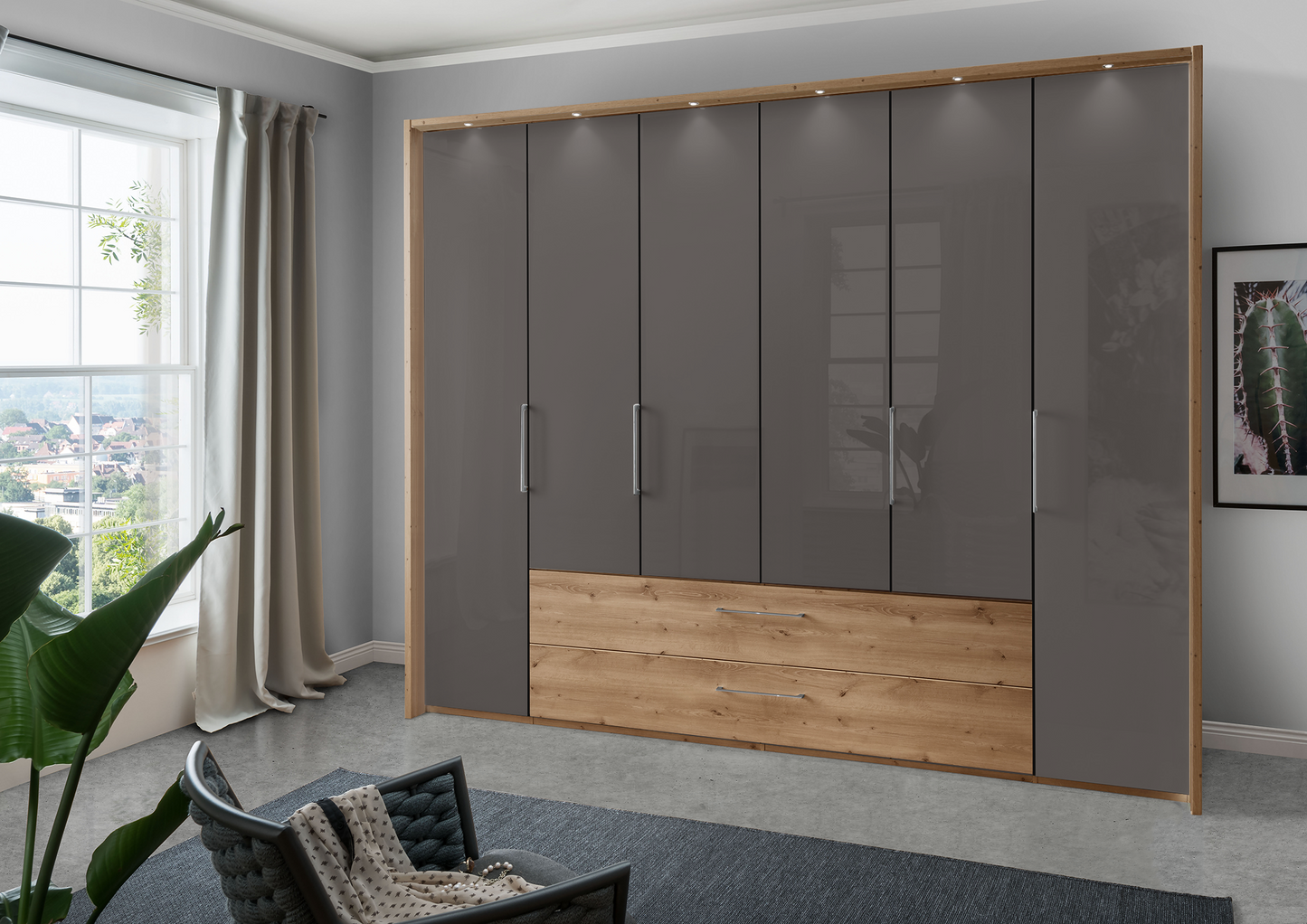 Munich 6 Door Wardrobe Glass Havana with Drawers 300 cm