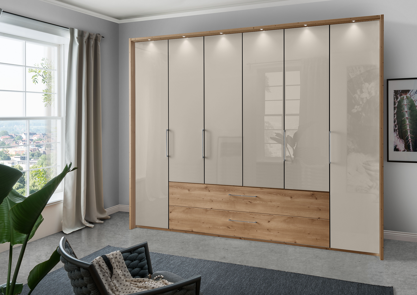 Munich 6 Door Wardrobe Glass Pebble Grey with Drawers 300 cm