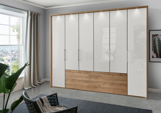 Munich 6 Door Wardrobe Glass White with Drawers 300 cm