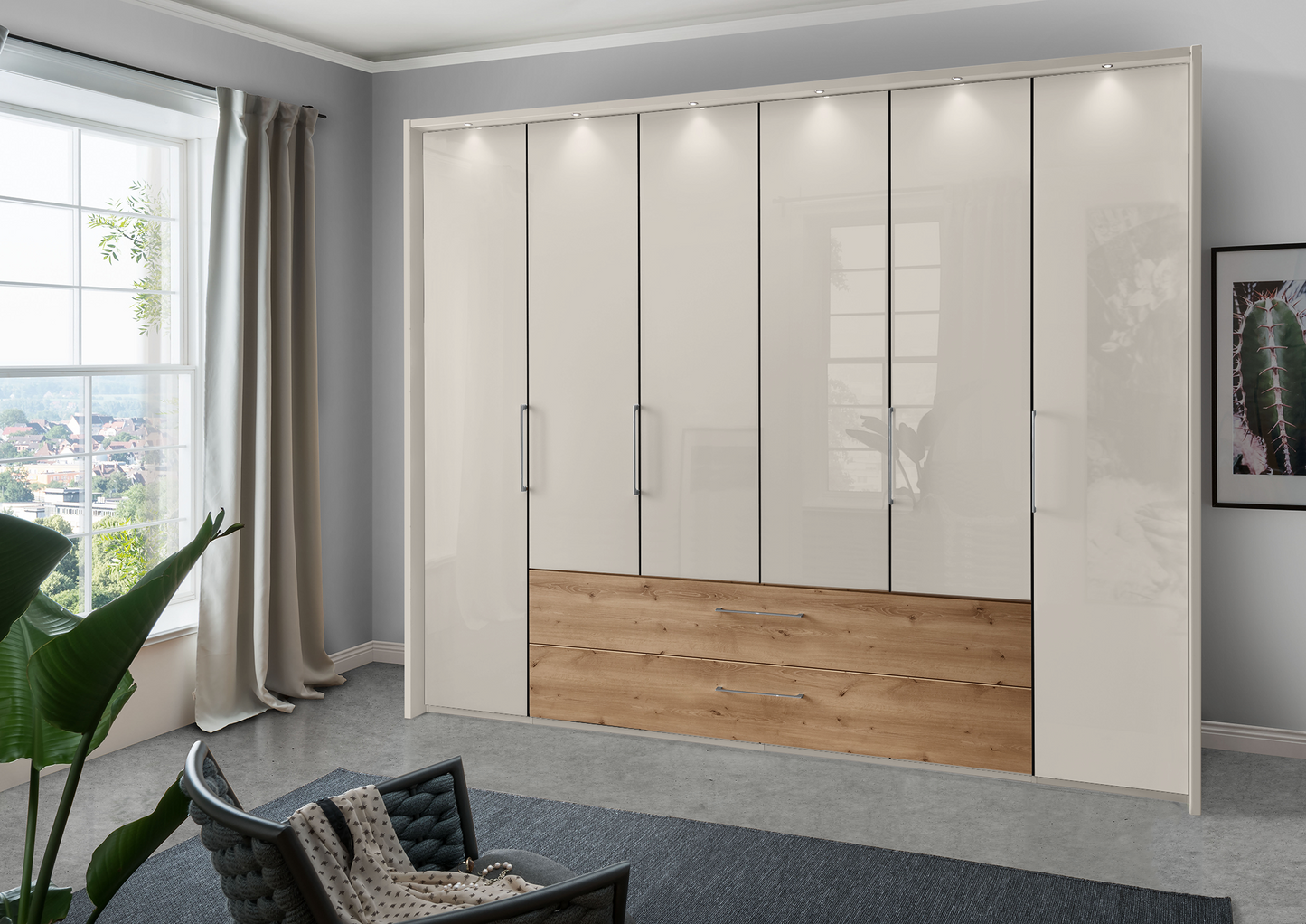 Munich 6 Door Wardrobe Glass Champagne with Drawers 300 cm