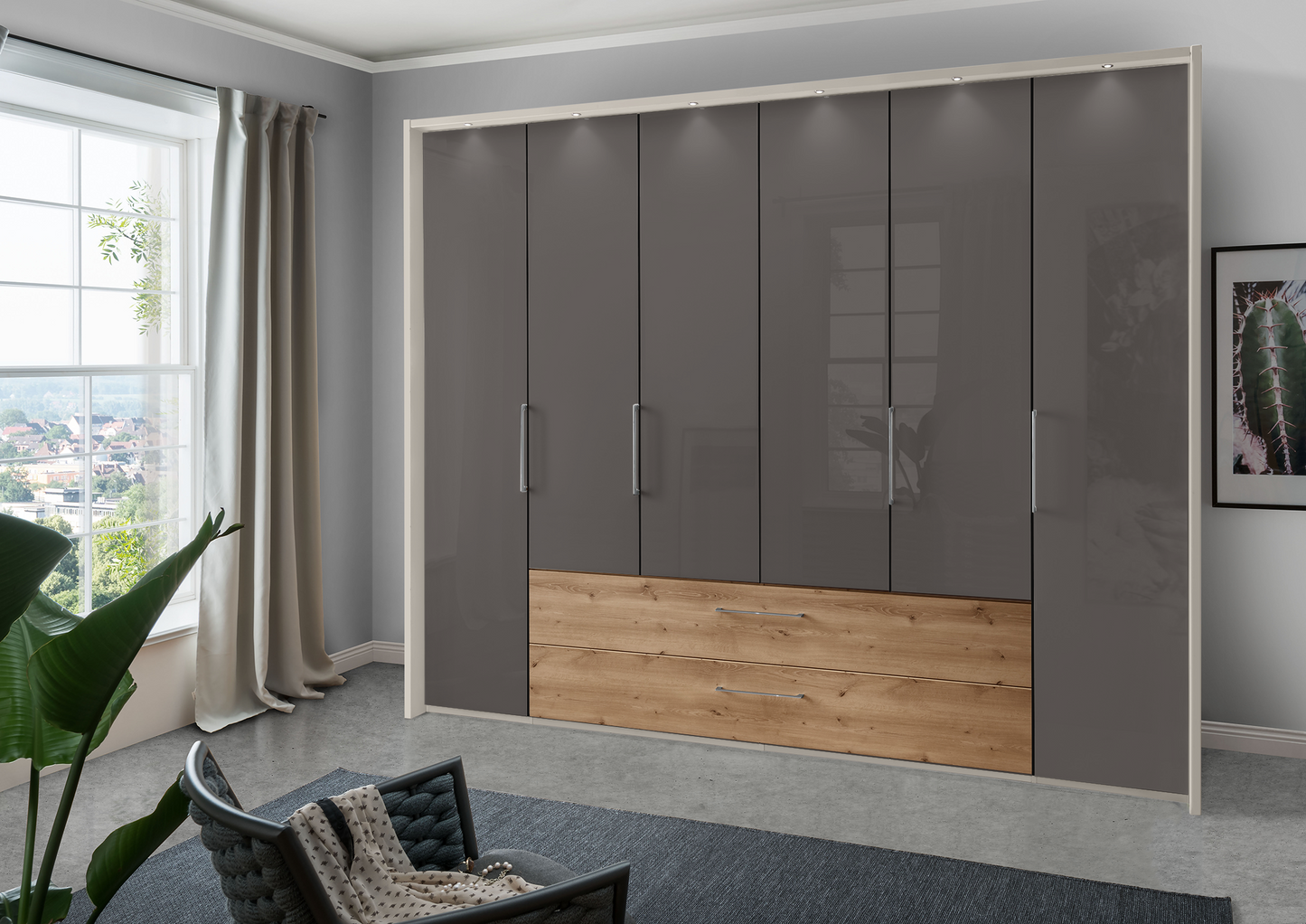 Munich 6 Door Wardrobe Glass Havana with Drawers 300 cm