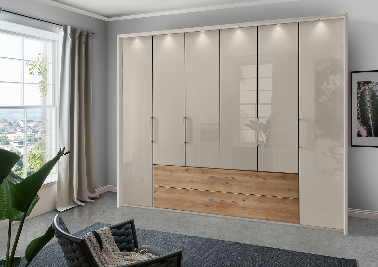 Munich 6 Door Wardrobe Glass Pebble Grey with Drawers 300 cm