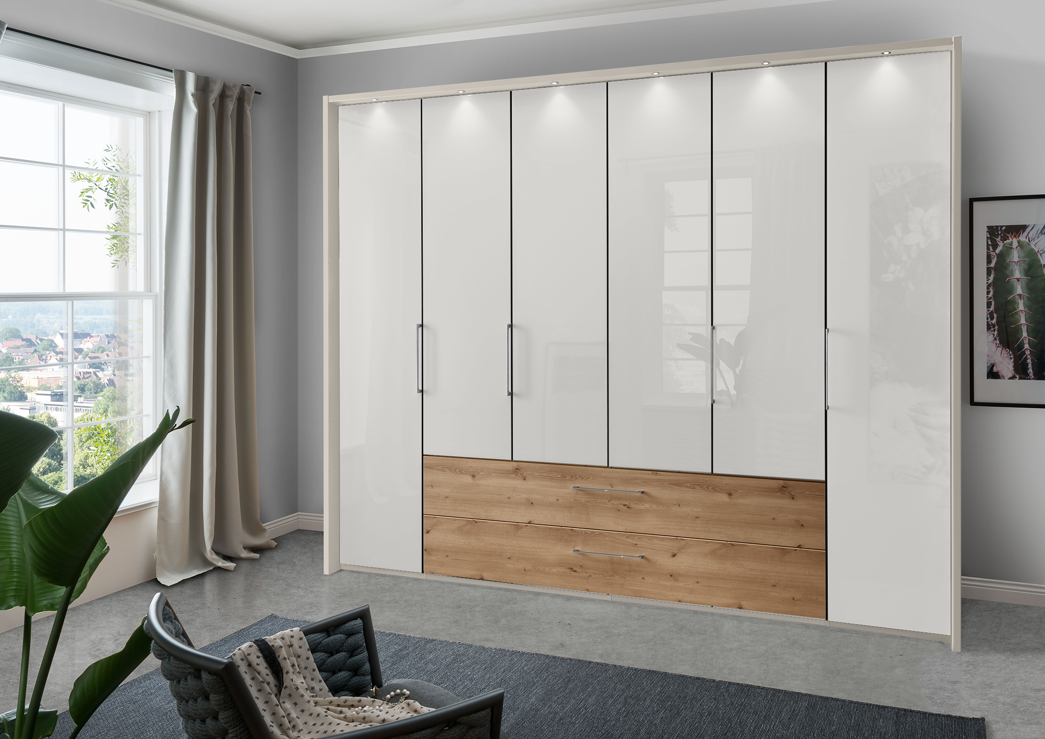 Munich 6 Door Wardrobe Glass White with Drawers 300 cm