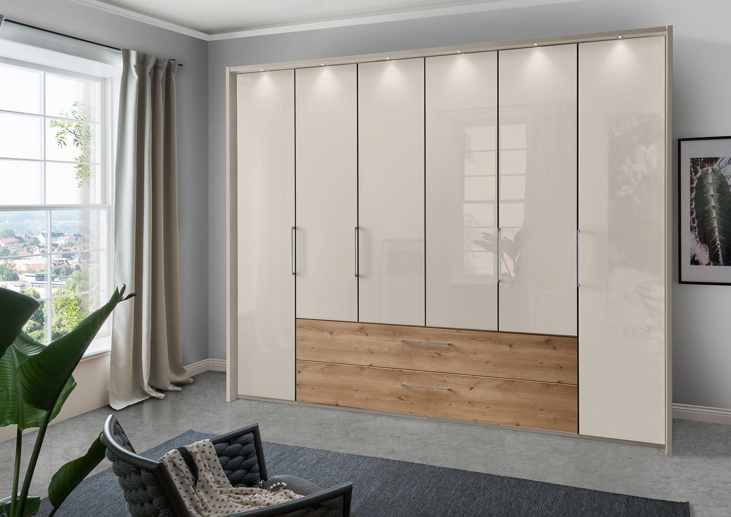 Munich 6 Door Wardrobe Glass Champagne with Drawers 300 cm