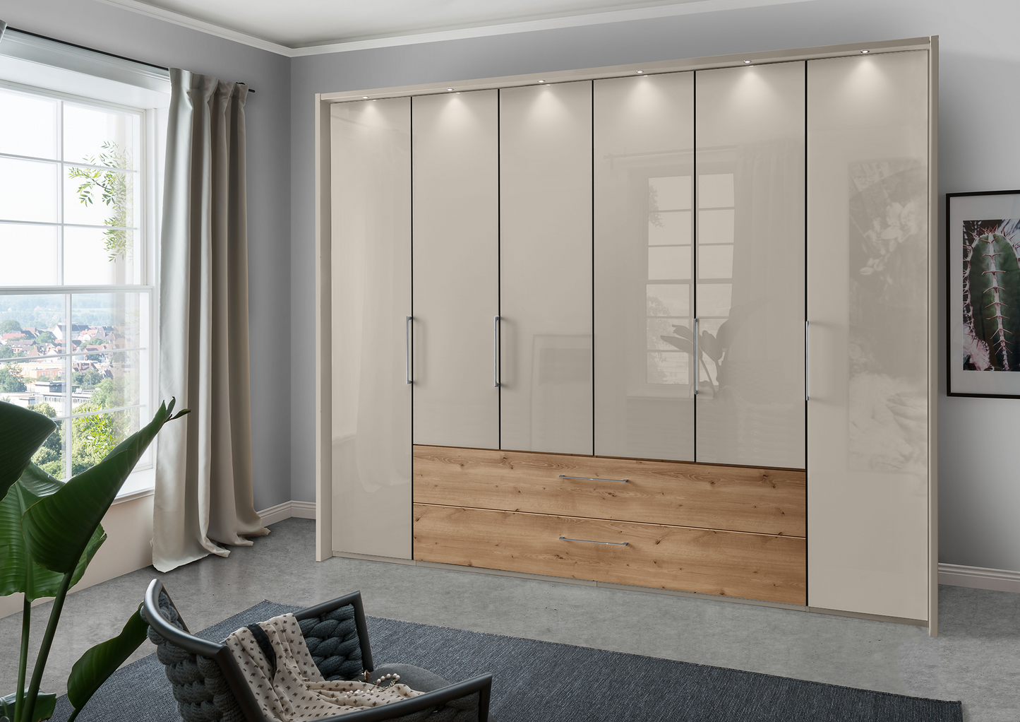 Munich 6 Door Wardrobe Glass Pebble Grey with Drawers 300 cm