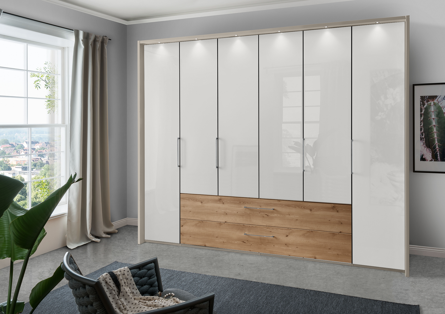 Munich 6 Door Wardrobe Glass White with Drawers 300 cm