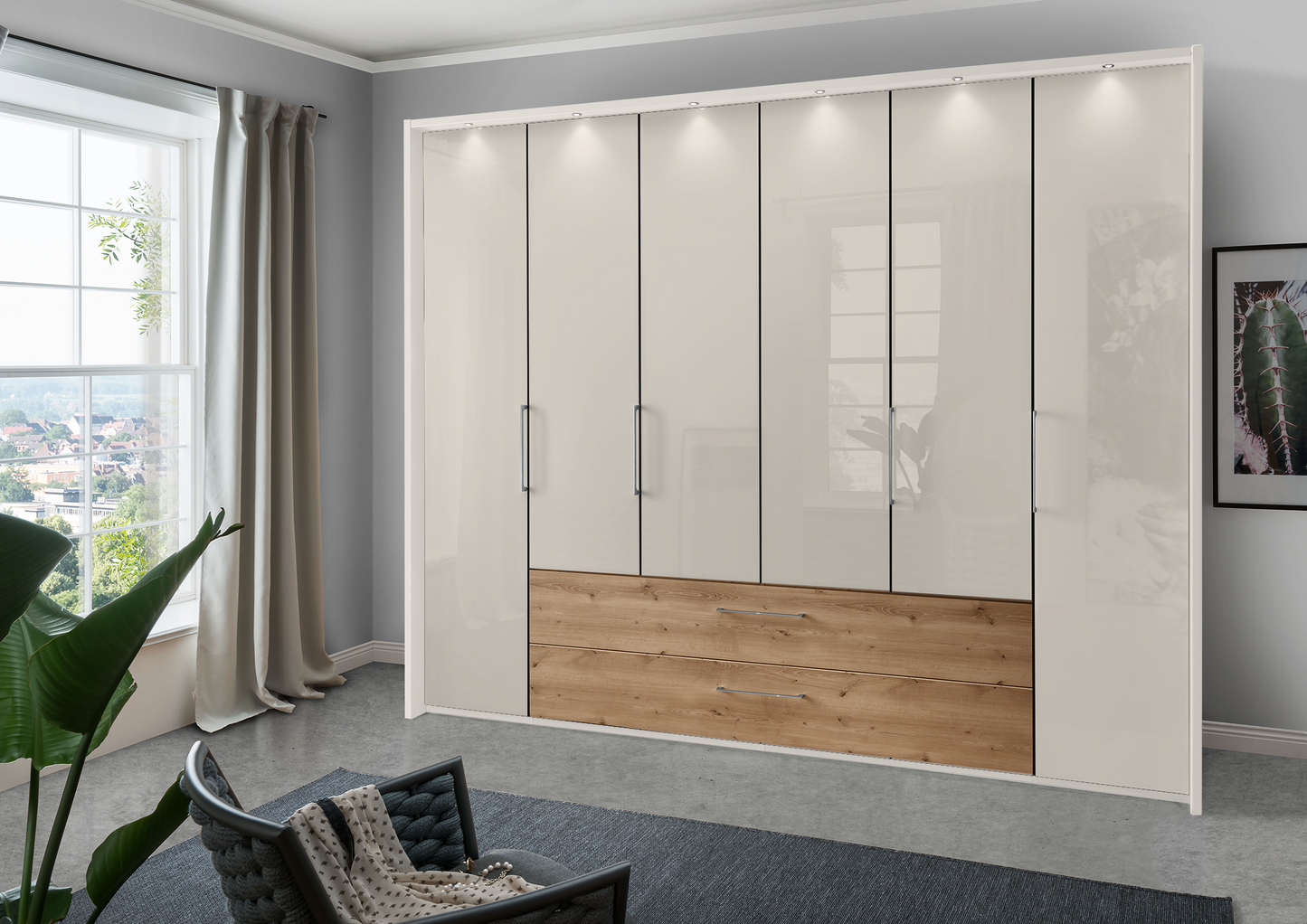 Munich 6 Door Wardrobe Glass Champagne with Drawers 300 cm