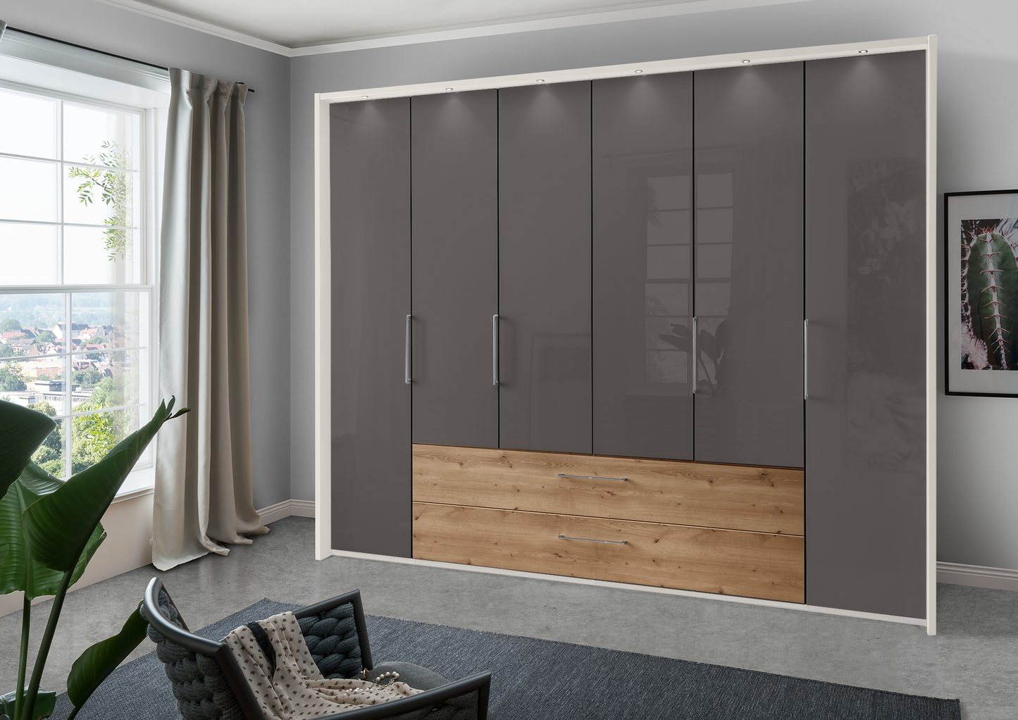 Munich 6 Door Wardrobe Glass Havana with Drawers 300 cm