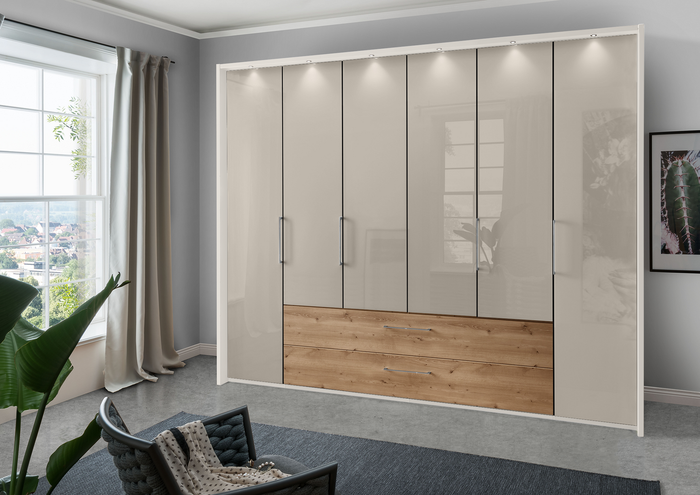 Munich 6 Door Wardrobe Glass Pebble Grey with Drawers 300 cm
