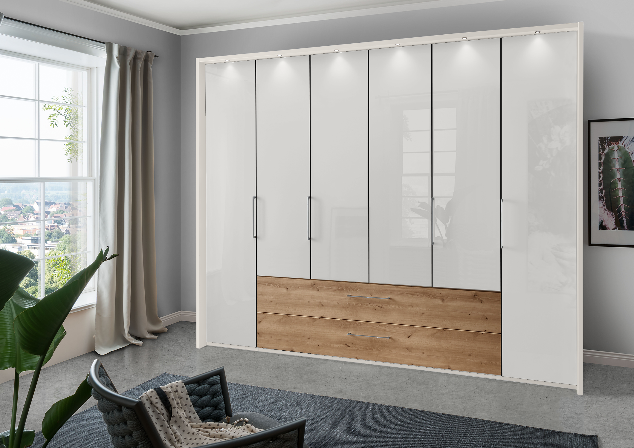 Munich 6 Door Wardrobe Glass White with Drawers 300 cm