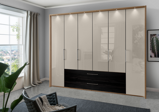 Munich 6 Door Wardrobe Glass Pebble Grey with Drawers 300 cm