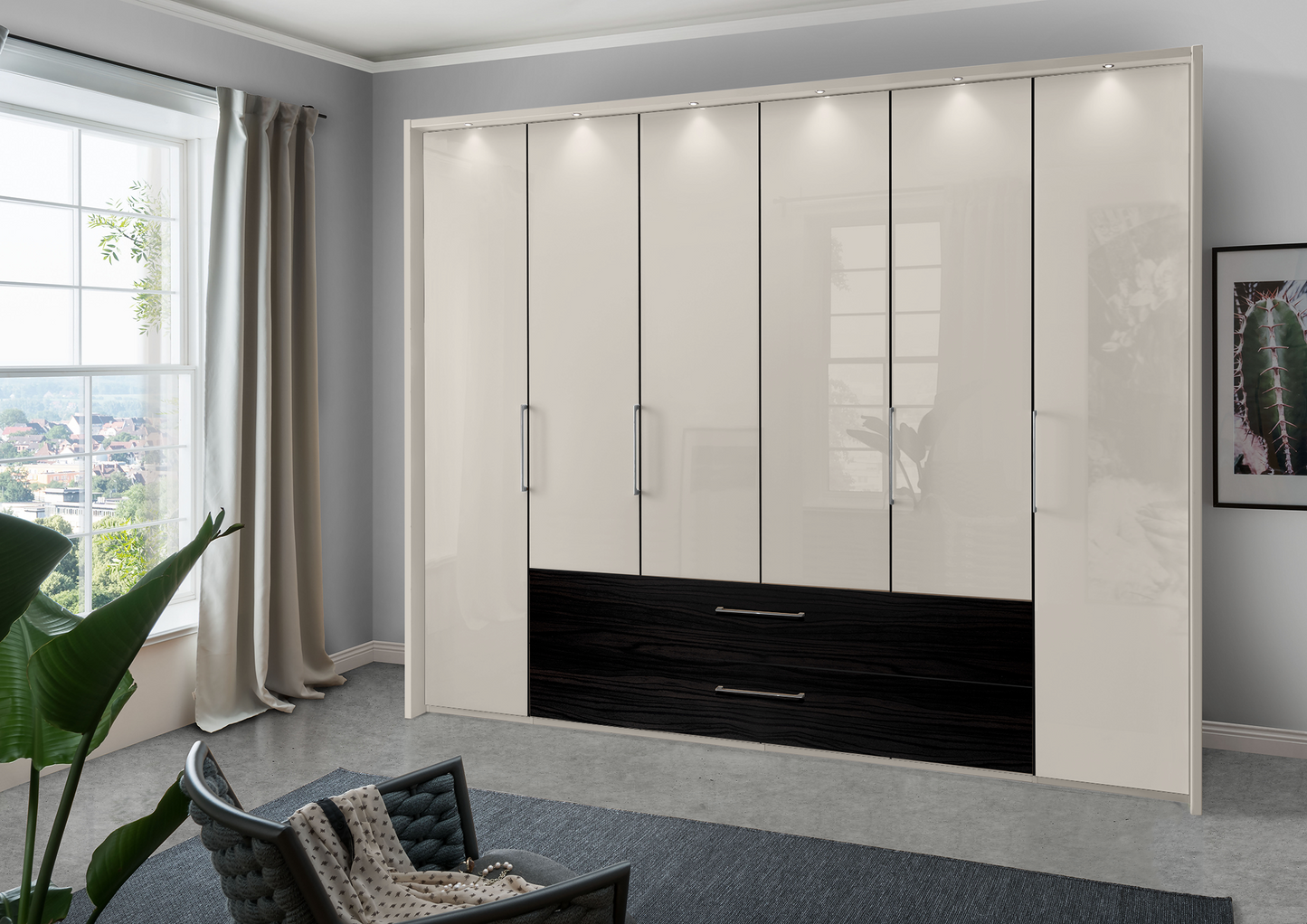 Munich 6 Door Wardrobe Glass Champagne with Drawers 300 cm