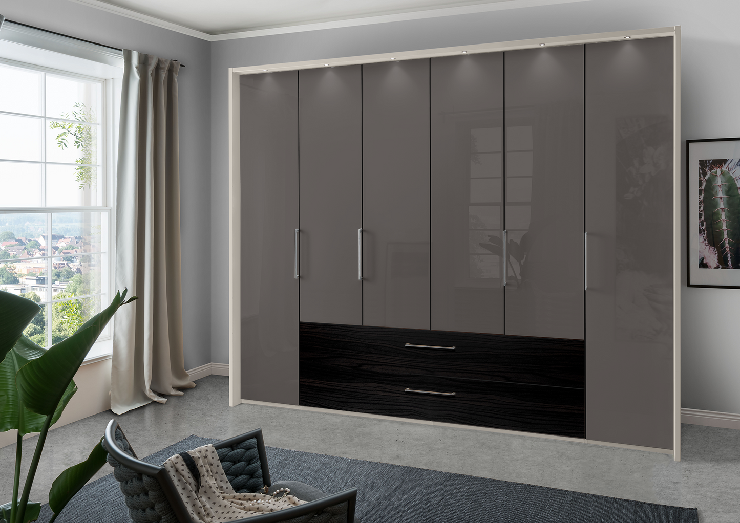 Munich 6 Door Wardrobe Glass Havana with Drawers 300 cm