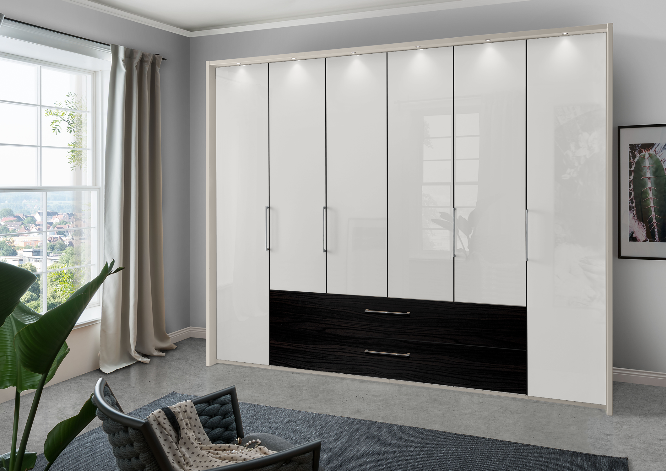 Munich 6 Door Wardrobe Glass White with Drawers 300 cm