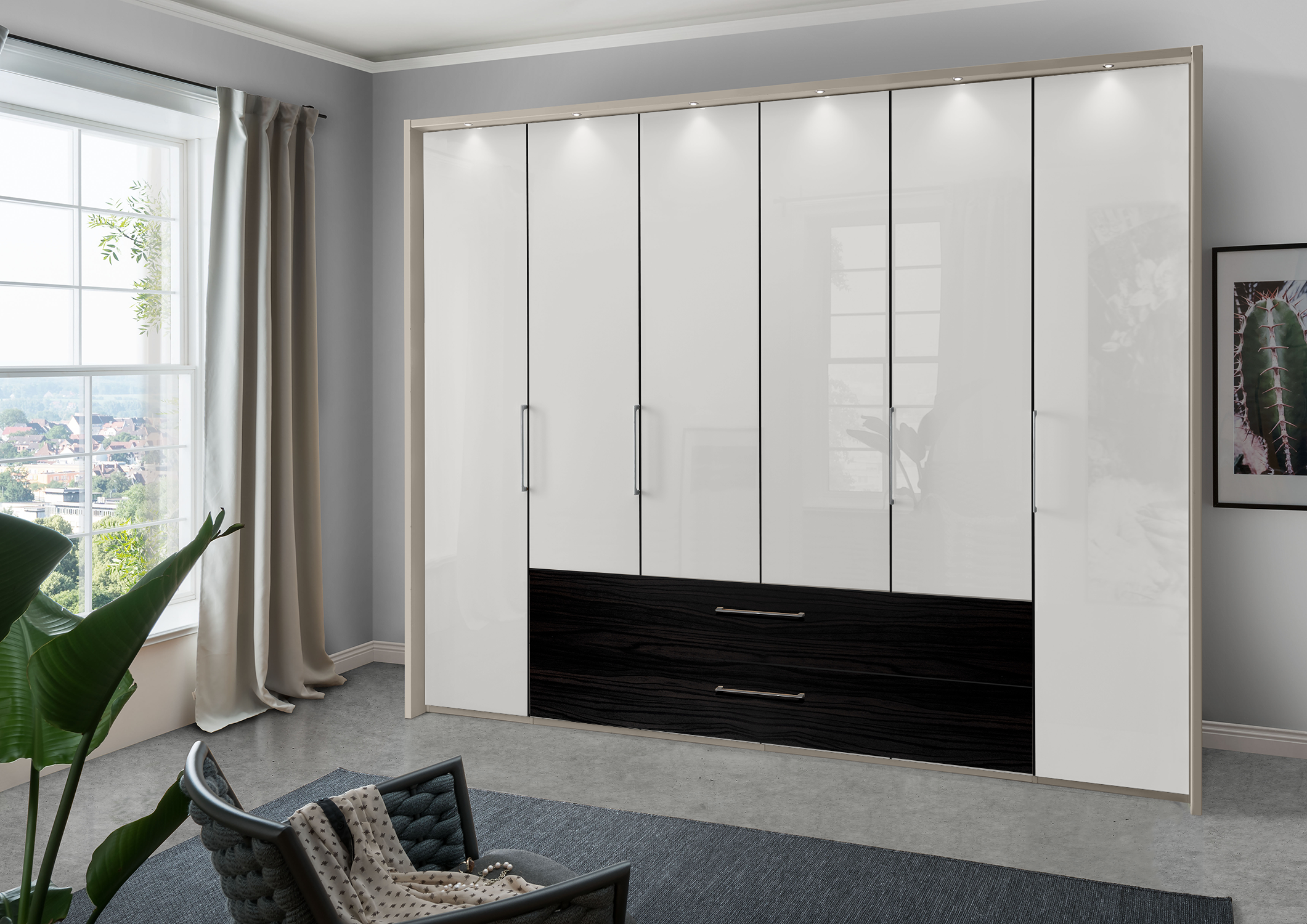 Munich 6 Door Wardrobe Glass White with Drawers 300 cm