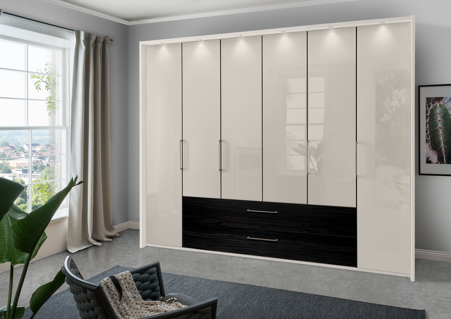 Munich 6 Door Wardrobe Glass Champagne with Drawers 300 cm