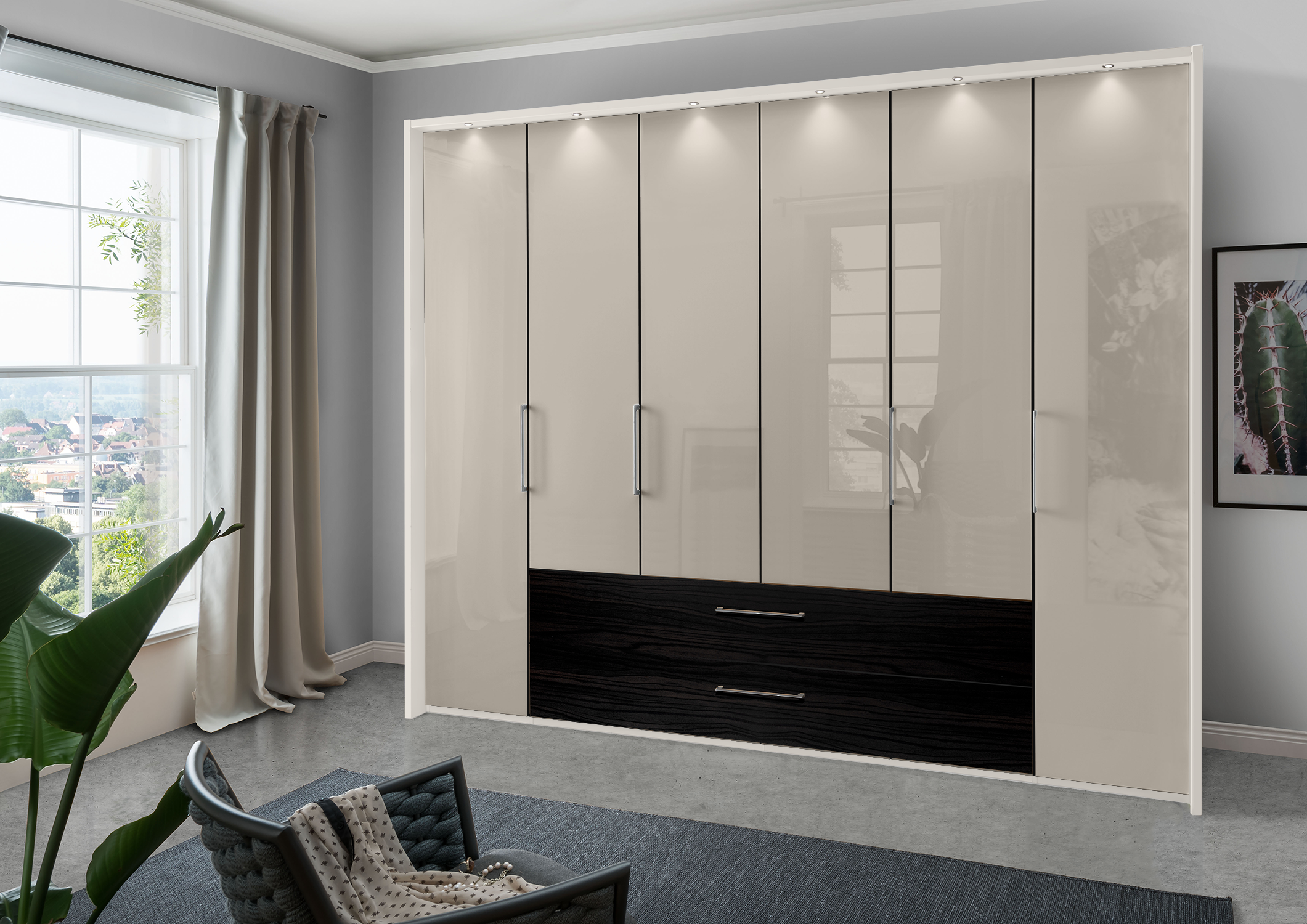Munich 6 Door Wardrobe Glass Pebble Grey with Drawers 300 cm