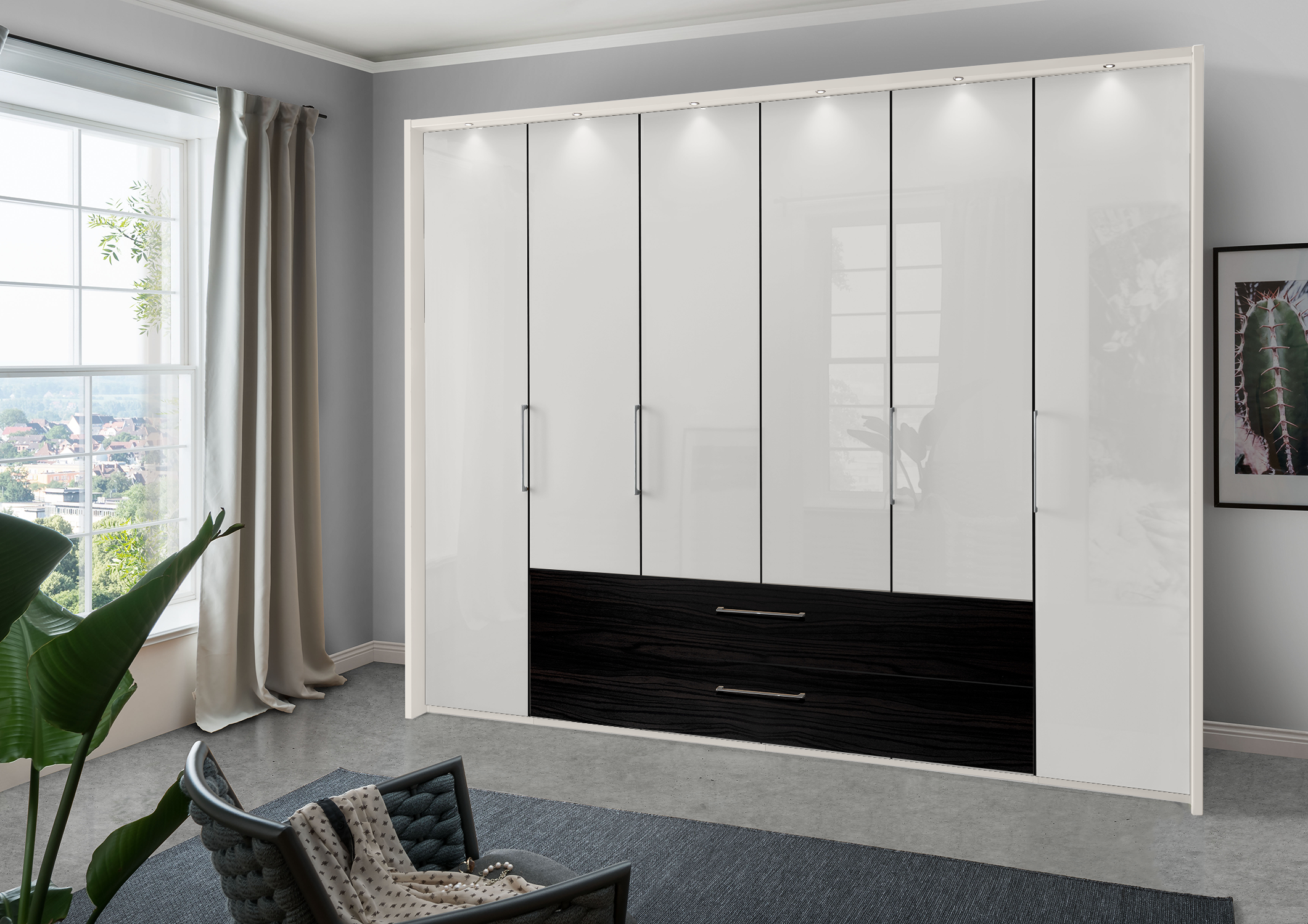 Munich 6 Door Wardrobe Glass White with Drawers 300 cm
