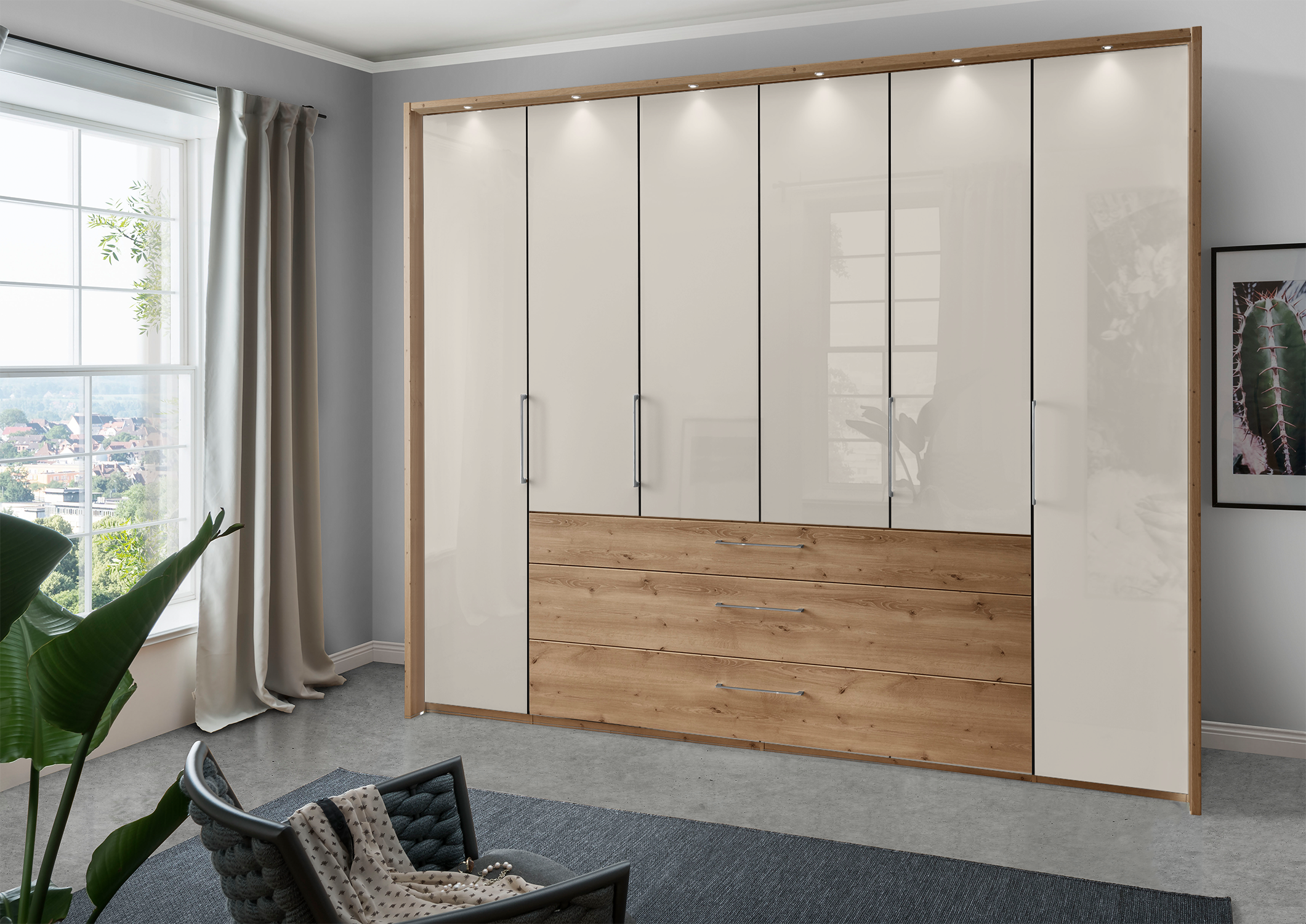 Munich 6 Door Wardrobe Glass Champagne with Drawers 300 cm