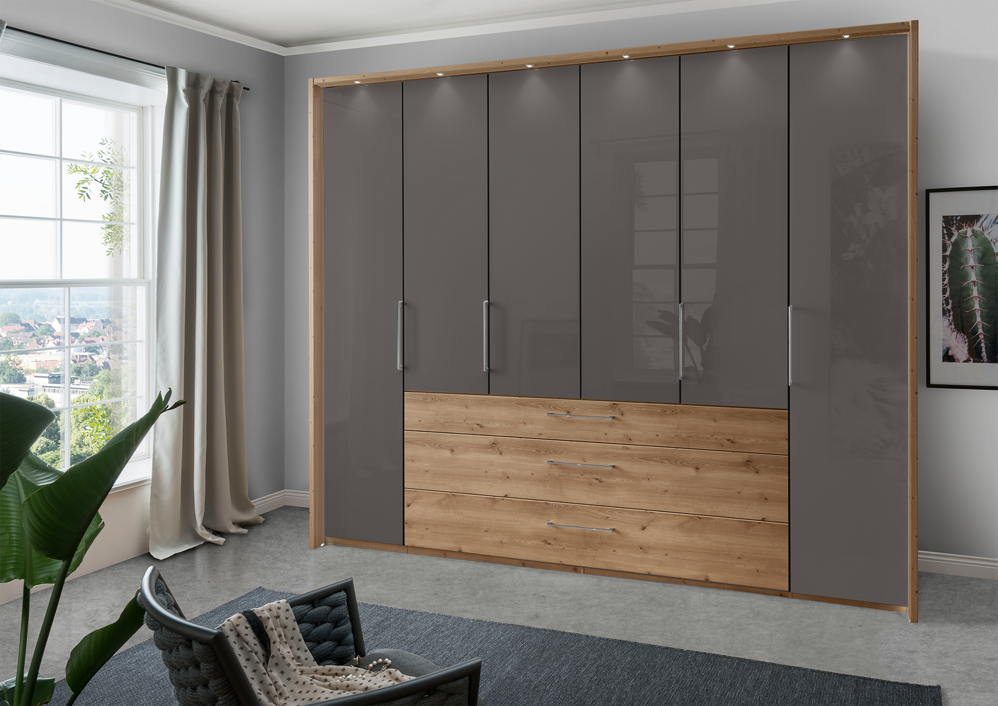 Munich 6 Door Wardrobe Glass Havana with Drawers 300 cm