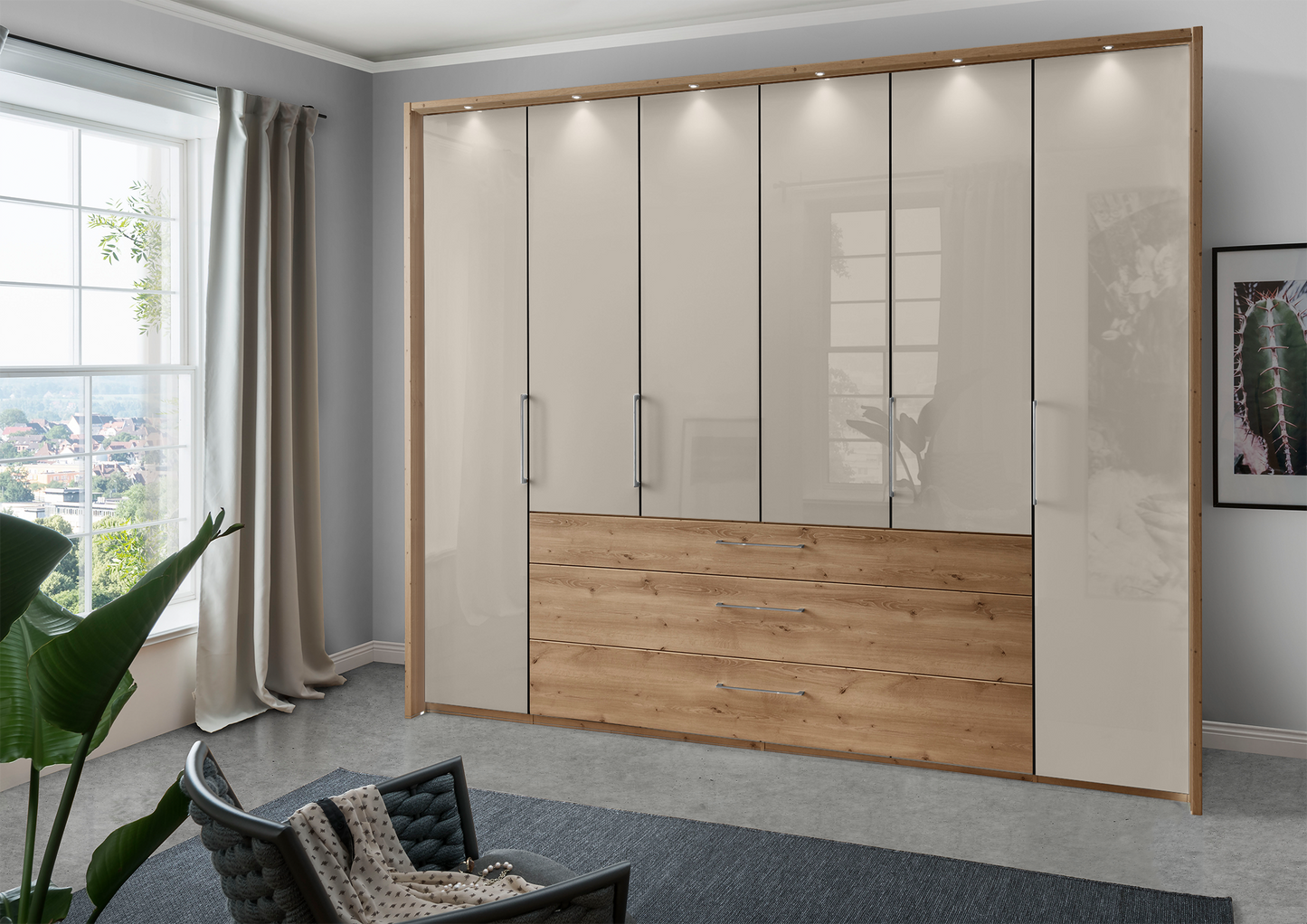 Munich 6 Door Wardrobe Glass Pebble Grey with Drawers 300 cm