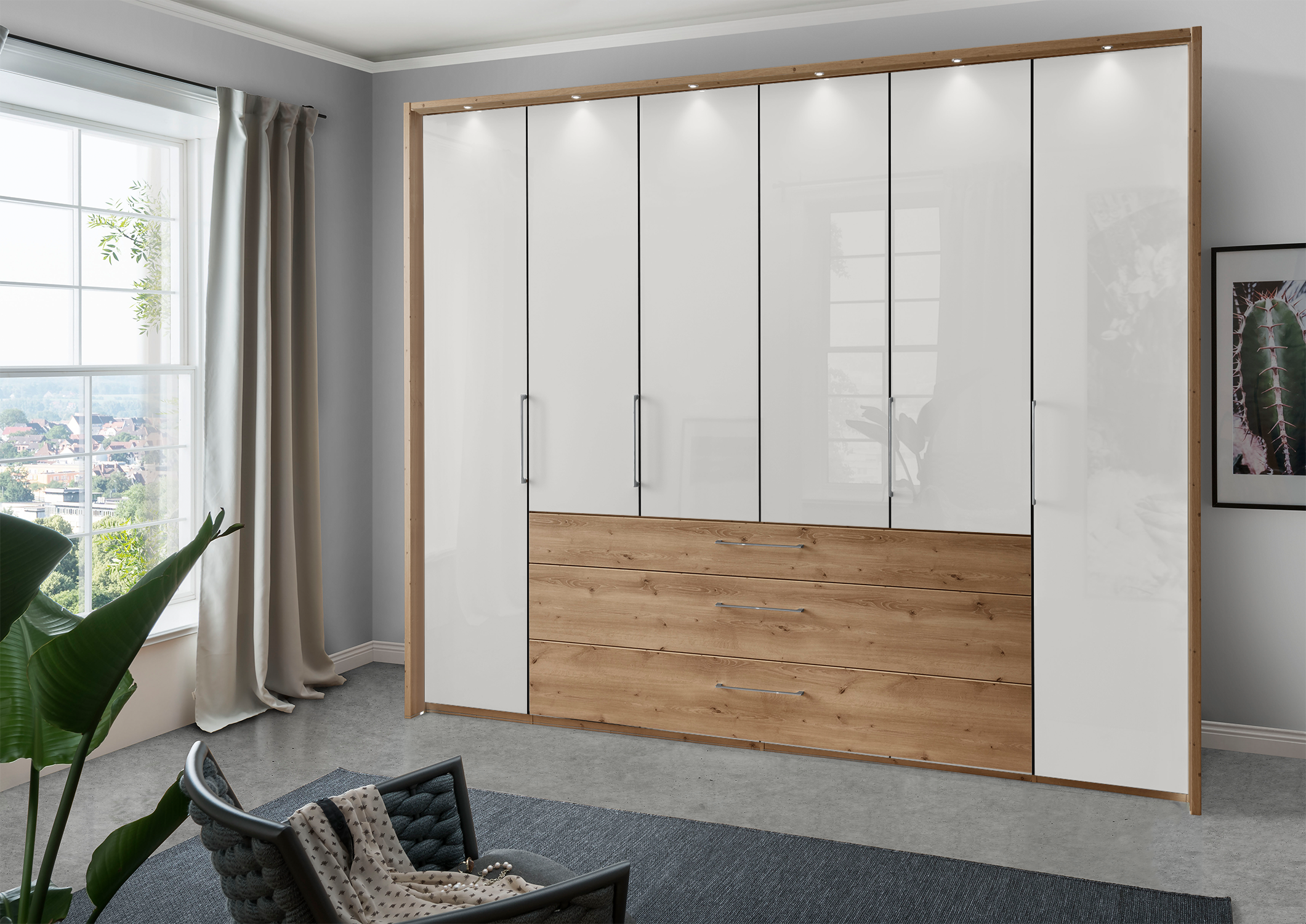Munich 6 Door Wardrobe Glass White with Drawers 300 cm