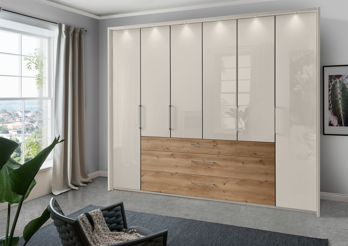 Munich 6 Door Wardrobe Glass Champagne with Drawers 300 cm