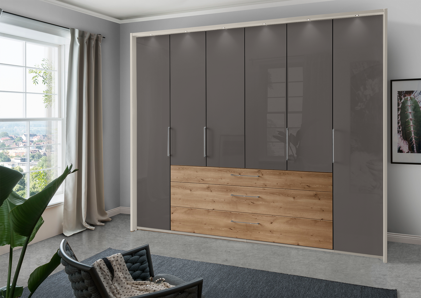 Munich 6 Door Wardrobe Glass Havana with Drawers 300 cm