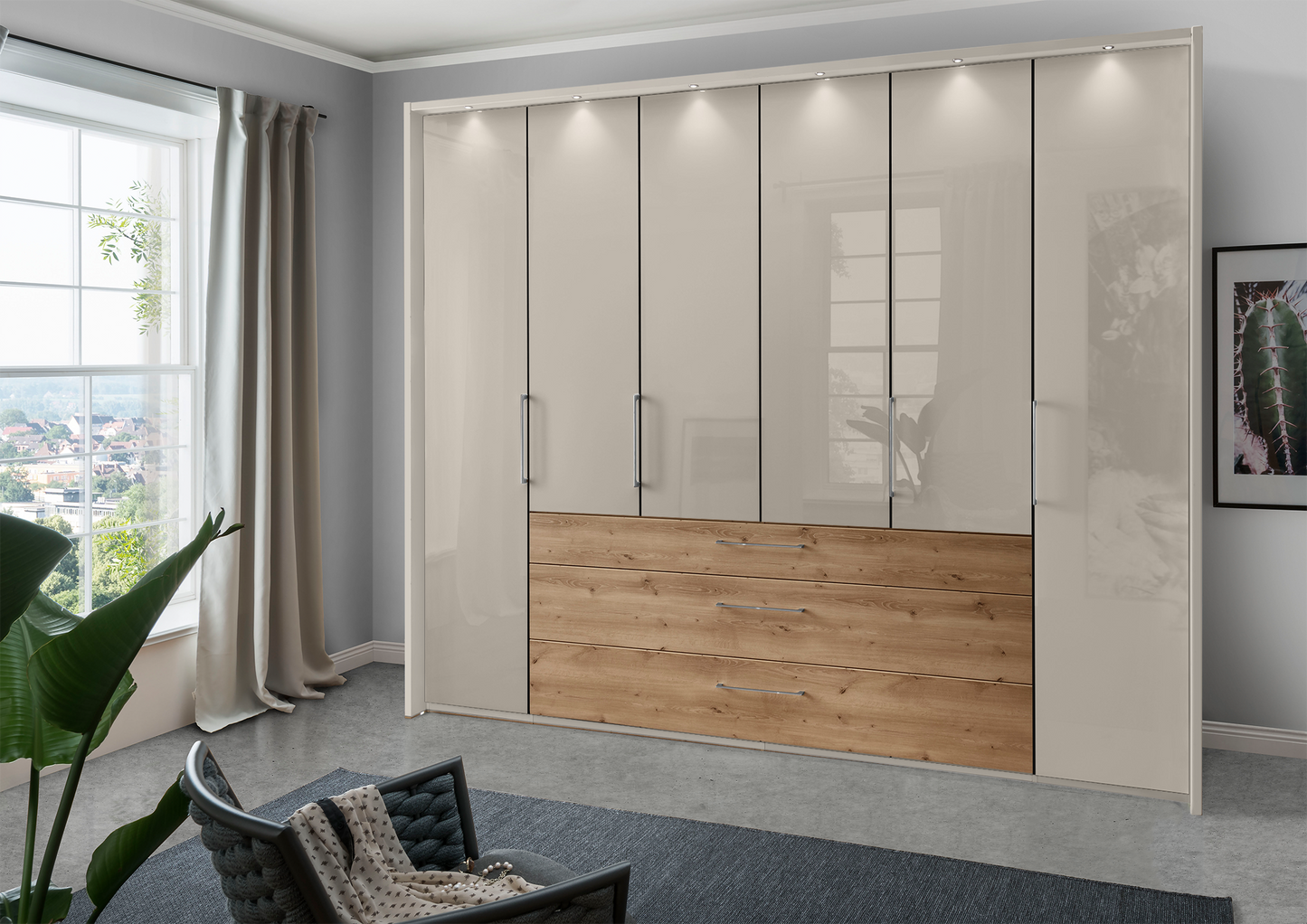 Munich 6 Door Wardrobe Glass Pebble Grey with Drawers 300 cm