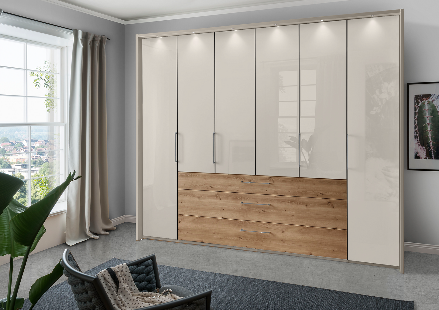 Munich 6 Door Wardrobe Glass Champagne with Drawers 300 cm