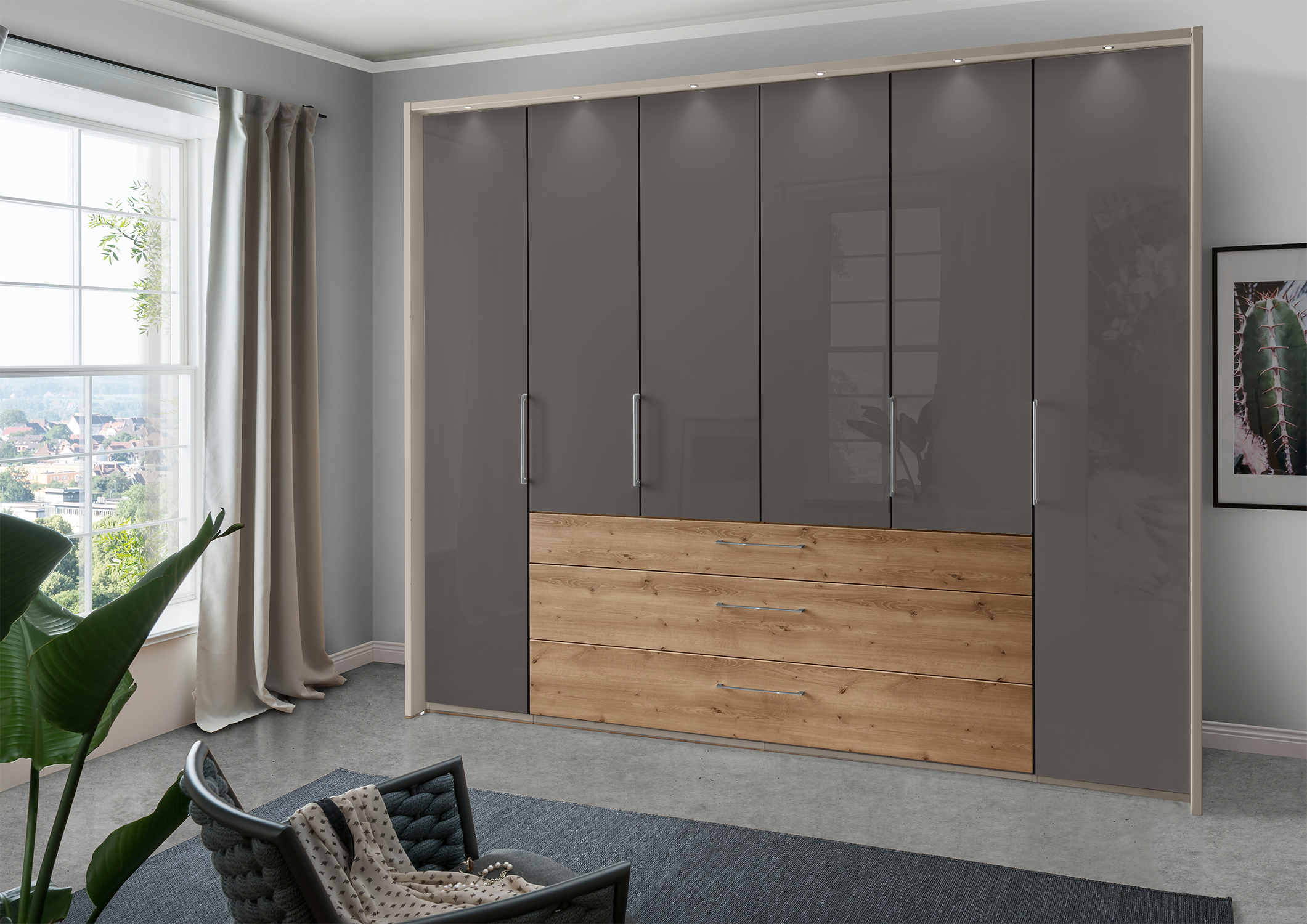 Munich 6 Door Wardrobe Glass Havana with Drawers 300 cm