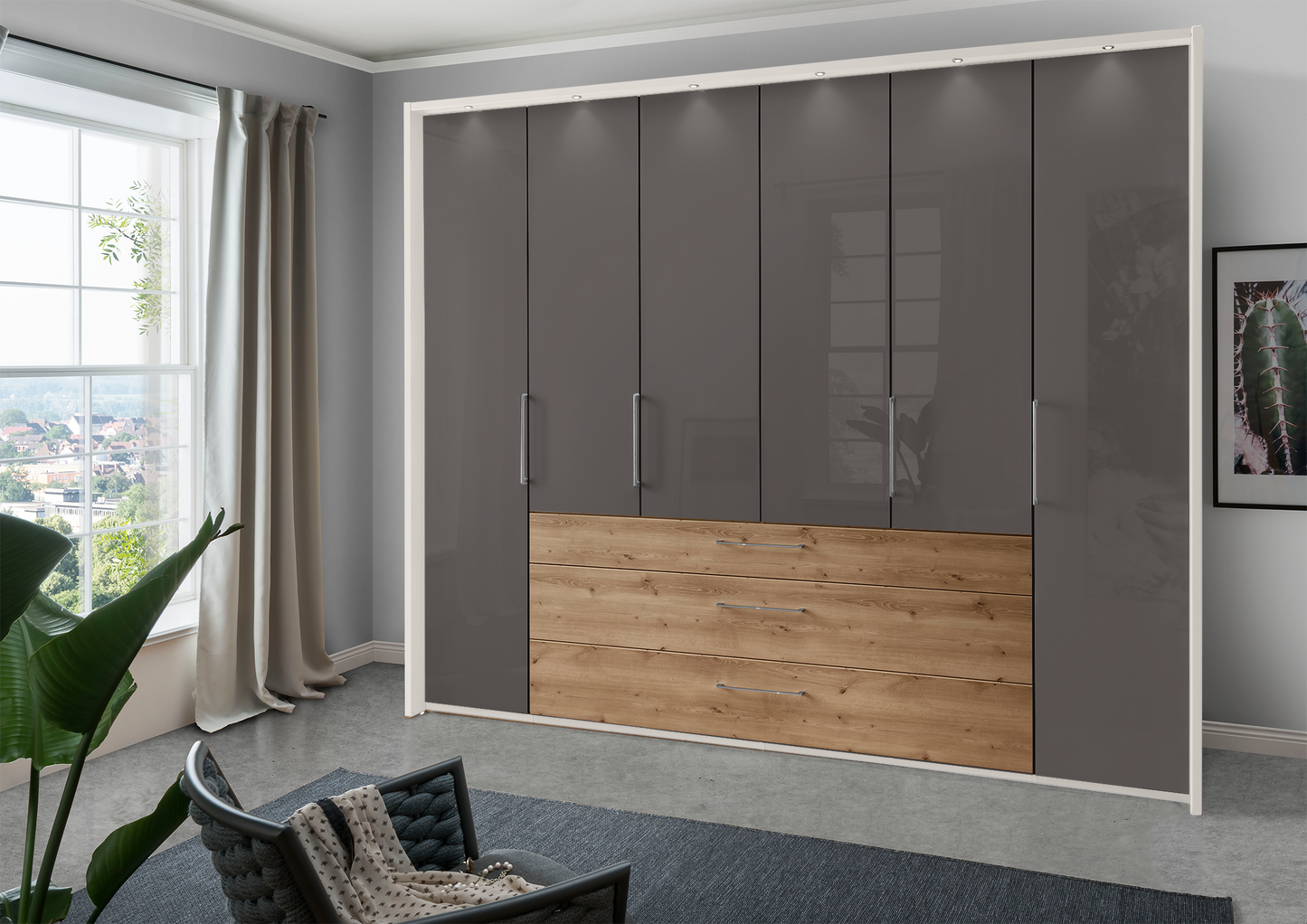 Munich 6 Door Wardrobe Glass Havana with Drawers 300 cm