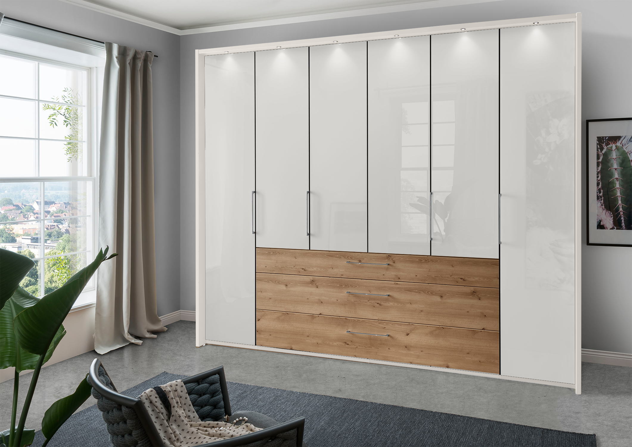 Munich 6 Door Wardrobe Glass White with Drawers 300 cm