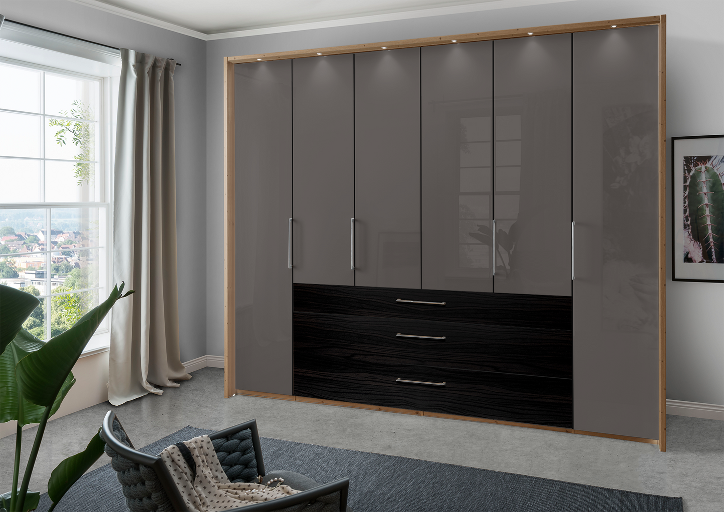 Munich 6 Door Wardrobe Glass Havana with Drawers 300 cm