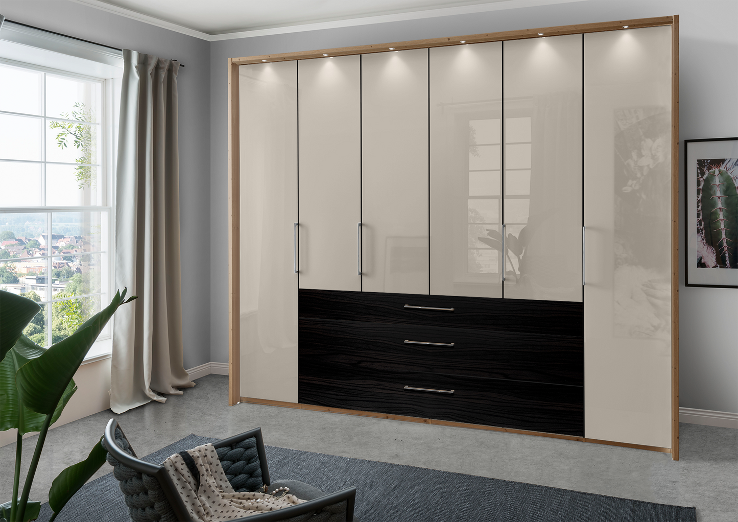 Munich 6 Door Wardrobe Glass Pebble Grey with Drawers 300 cm