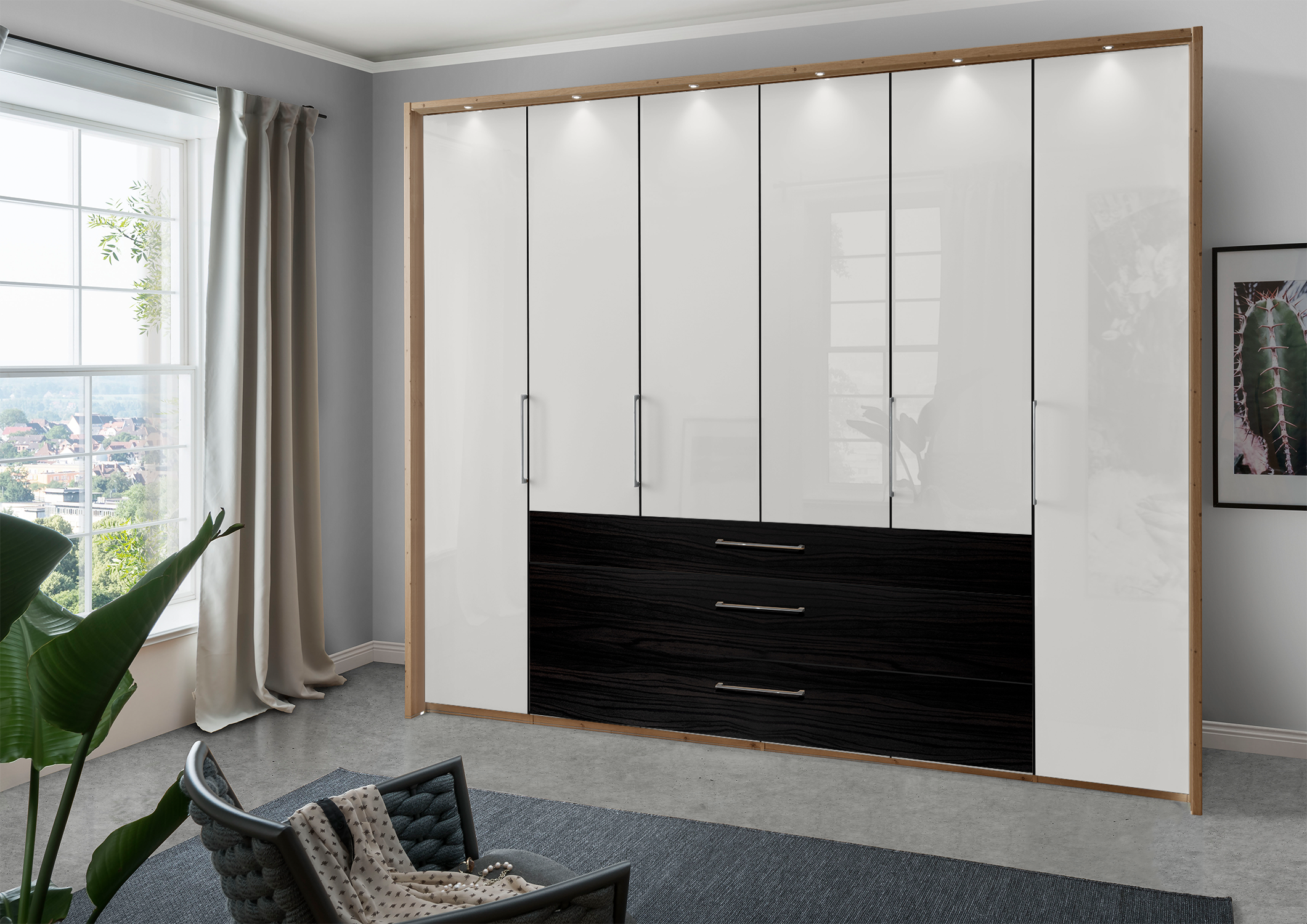 Munich 6 Door Wardrobe Glass White with Drawers 300 cm