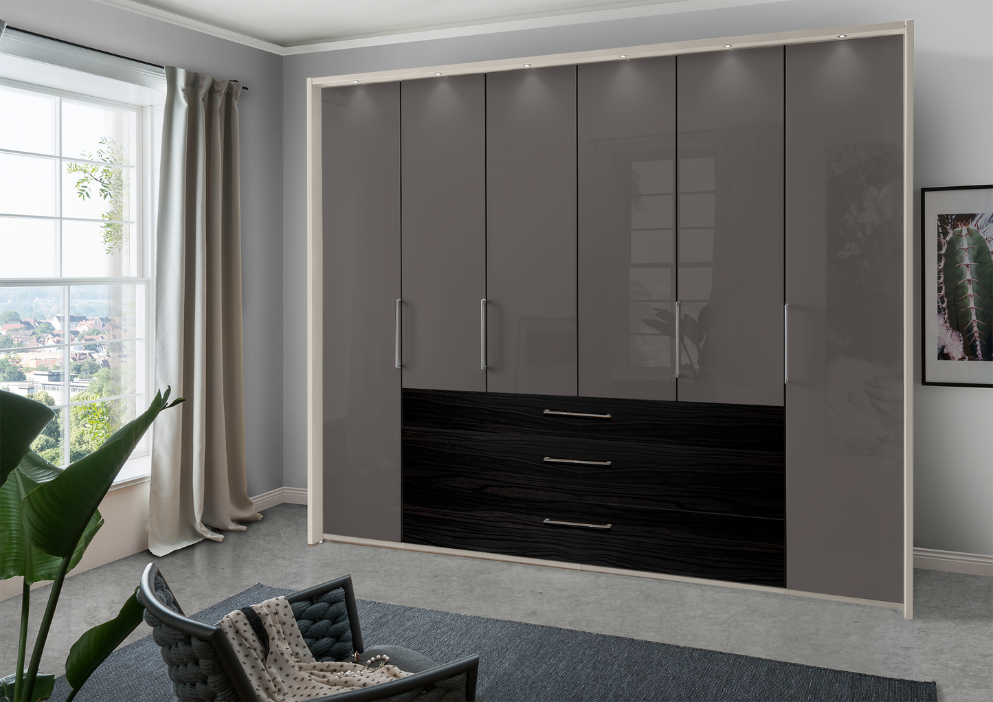 Munich 6 Door Wardrobe Glass Havana with Drawers 300 cm