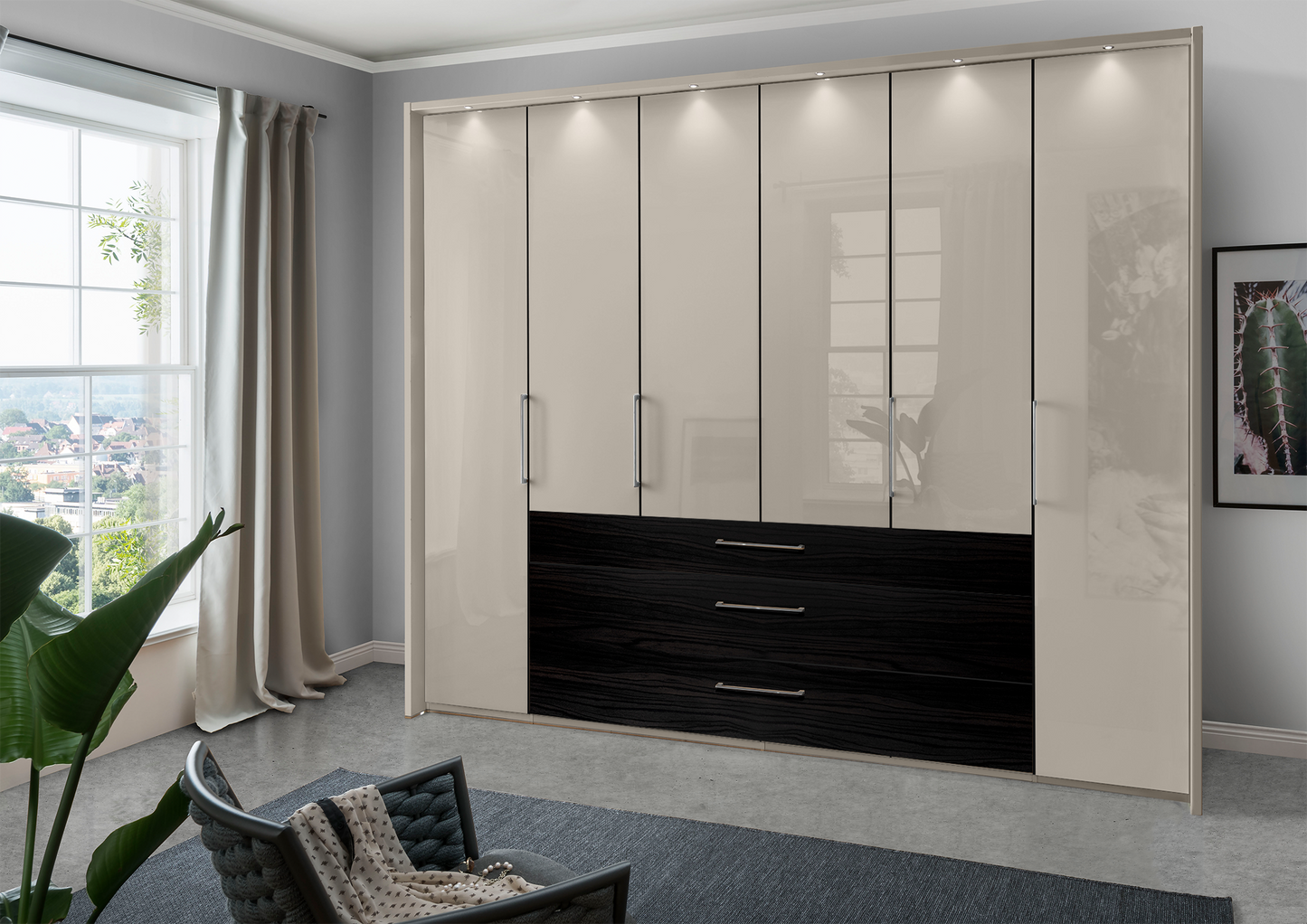 Munich 6 Door Wardrobe Glass Pebble Grey with Drawers 300 cm