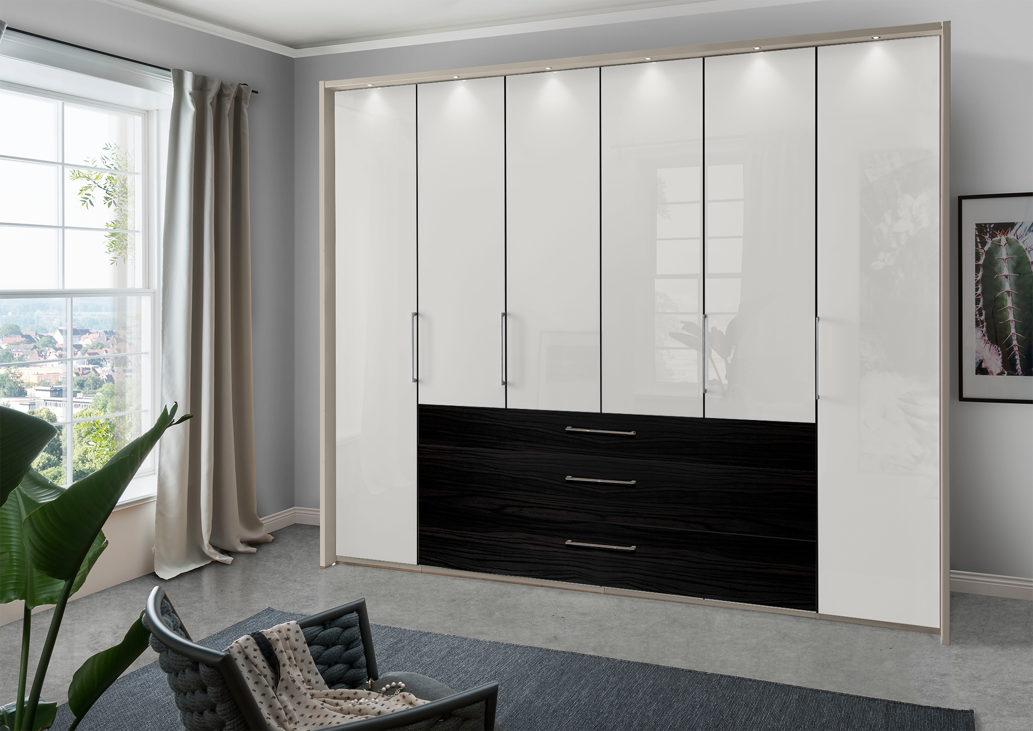 Munich 6 Door Wardrobe Glass White with Drawers 300 cm