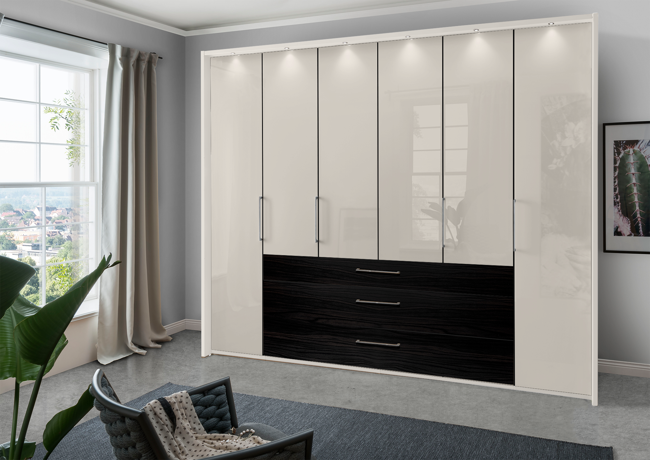 Munich 6 Door Wardrobe Glass Champagne with Drawers 300 cm