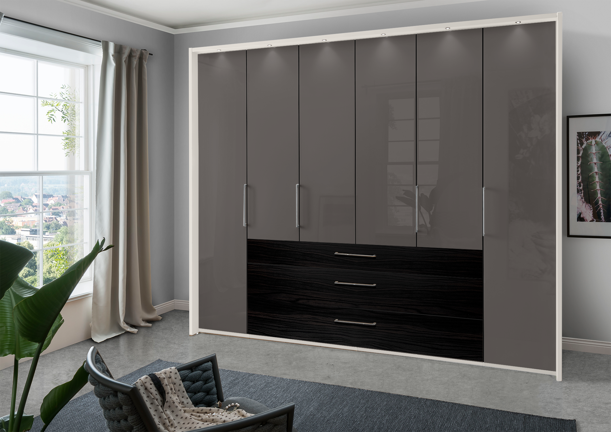 Munich 6 Door Wardrobe Glass Havana with Drawers 300 cm