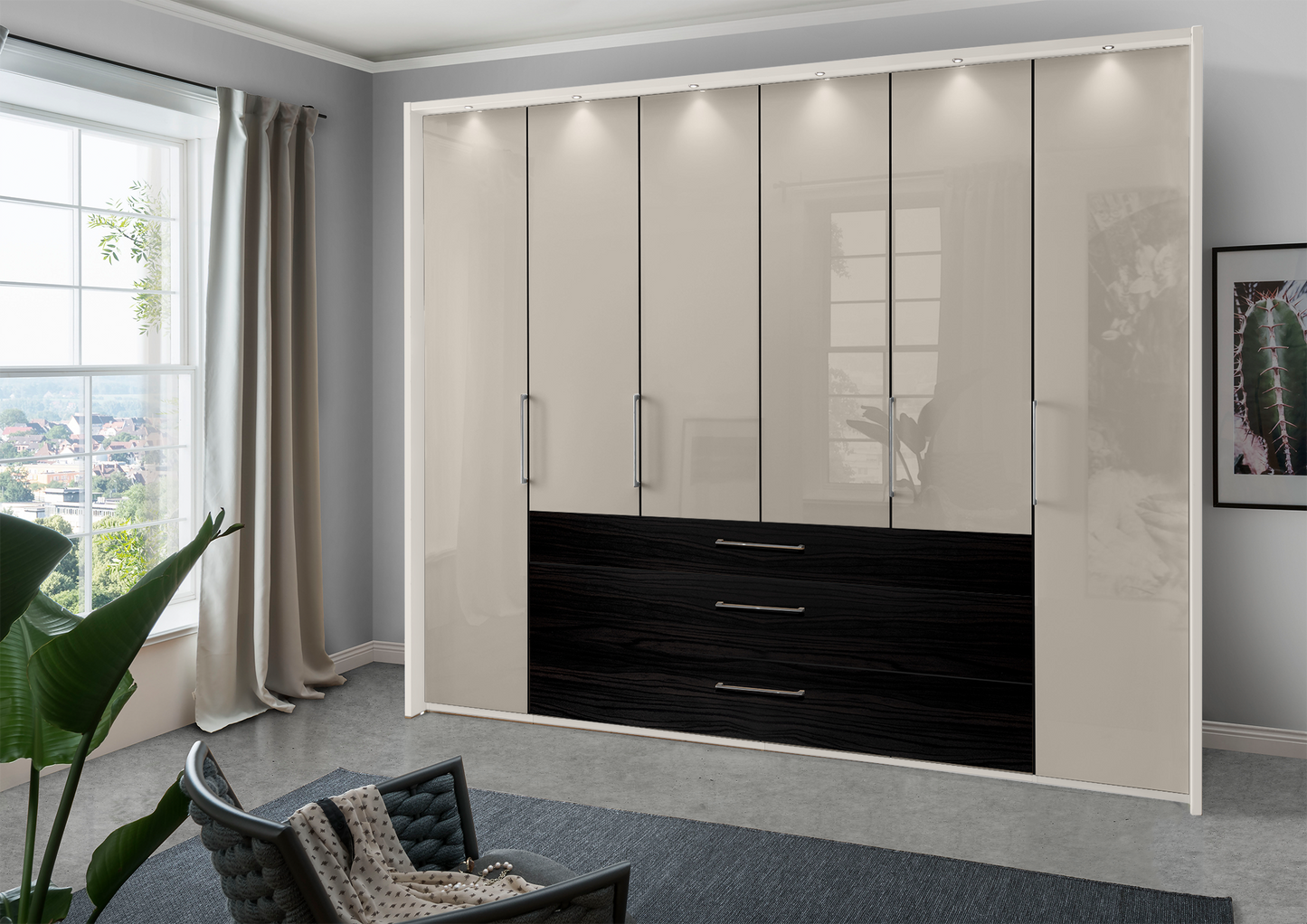 Munich 6 Door Wardrobe Glass Pebble Grey with Drawers 300 cm